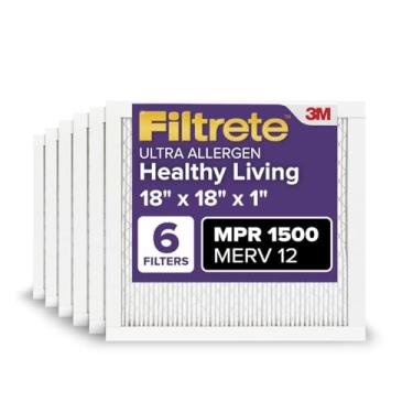 Imagem de Filtrete Filtro de ar para forno CA 18 x 18 x 1, MERV 12, MPR 1500, certificado para asma e alergias, filtro eletrostático de limpeza de ar plissado de 3 meses, pacote com 6 (tamanho real 45 x 45 x 2