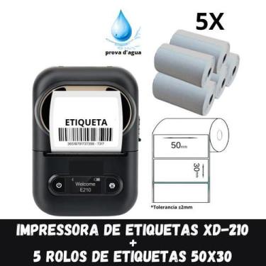 Imagem de 1 Impressora Xd-210 + 5 Rolos Etiquetas 50x30 Prova D'água - Xd Mega
