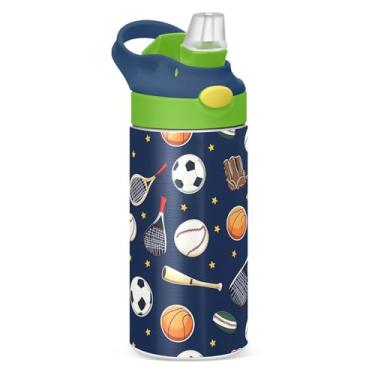 Imagem de Garrafa de água infantil de futebol, basquete, tênis, com tampa de palha, copo isolado com alça de aço inoxidável reutilizável para crianças, meninos, 355 ml
