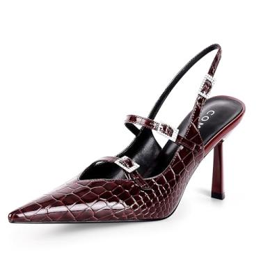 Imagem de COMJUY Slingback salto gatinho escarpim para mulheres com salto rodado, salto de tiras para mulheres elegantes com alças ajustáveis, bico fechado feminino com bico fino, Vermelho vinho, 36