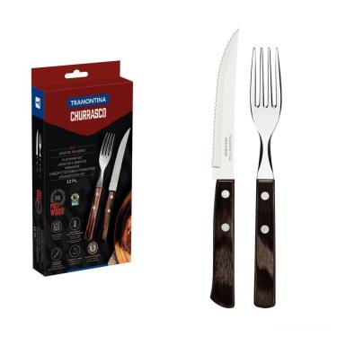 Imagem de Jogo De Talheres Para Churrasco Em Aço Inox Com Cabo Castanho Polywood 12 Peças