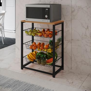 Imagem de Fruteira Com Suporte Para Micro-Ondas Barcelona Aço Preto Cesto Preto Tampo Canela - Cor: Marrom