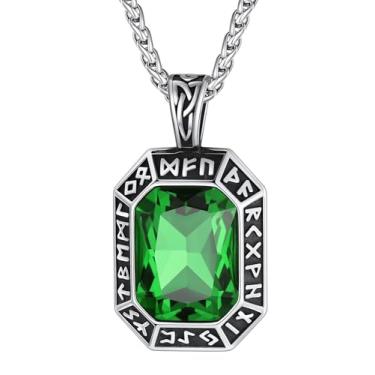 Imagem de ChainsHouse Colar com pingente de runa viking para homens e mulheres, punk motociclista preto metal/aço inoxidável 316L ônix nórdico vintage amuleto com pedra preciosa preta/vermelho/verde/azul, caixa