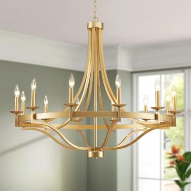 Imagem de WUZUPS Lustre De Metal Com 12 Luzes, Pendente Redondo, Iluminação Teto, Rústico, Estilo Fazenda, Cozinha, Ilha, Sala Jantar, Altura 99 Cm, Largura 2,8 M, Base E12, Dourado