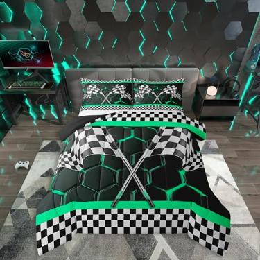 Imagem de Erosebridal Jogo de cama completo de carro de corrida para meninos, conjunto de edredom verde menta em favo de mel, geométrico, luzes neon, hexagonais, edredom preto e branco com bandeira de carro de