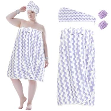 Imagem de Defresit Envoltório de toalha para mulheres plus size toalha de banho vestível com toalha de cabelo fecho de pulso top elástico macio ajustável microfibra vestido toalha de spa envoltório para roupão