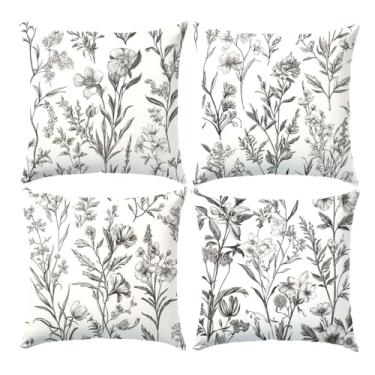 Imagem de BEWQ Capas de almofada de flores de tinta preta, 45,7 x 45,7 cm, conjunto de 4 fronhas quadradas florais modernas para uso externo, capas de almofada decorativas, casa de fazenda, jardim, primavera