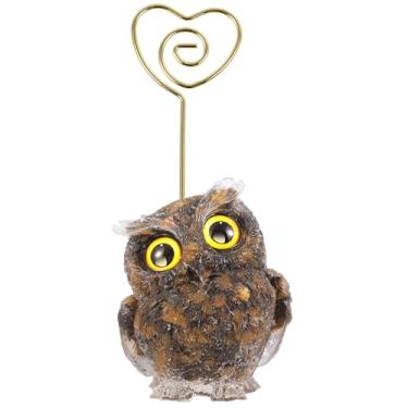 Imagem de Nupuyai Suporte de clipe de cartão de coruja de resina esculpida em pedra de coruja com clipe de coração, clipe de memorando, decoração de escritório em casa, olho de tigre