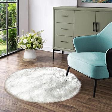 Imagem de Latepis Tapete redondo pequeno de pele de carneiro sintética de 1,2 m, branco com pontas cinzas, lavável na máquina, tapetes para sala de estar, tapete felpudo para quarto, chão, decoração de casa