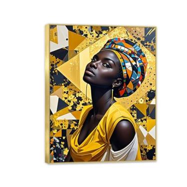 Imagem de Arte de parede afro-americana emoldurada, pôsteres de mulher africana, pintura em tela, menina negra, para decoração de sala de estar, 65 x 50 cm (26 x 19 pol), moldura dourada