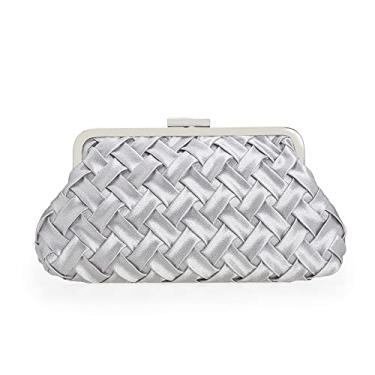 Imagem de IXEBELLA Bolsa feminina pequena e elegante bolsa de mão de mão trançada de cetim formal para casamento/formatura/festa preta, Prata, Small