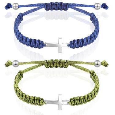 Imagem de Sureio Pulseira de cruz da amizade corda trançada ajustável Jesus Cristão cruz pulseiras combinando corda corda da sorte pulseira BFF para mulheres, homens, meninos e meninas, batismo de Páscoa, about