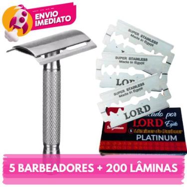 Imagem de Kit 05 Aparelho Barbeador Metal Clássico Manual Retrô Lâminas Lord Pla