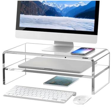 Imagem de Suporte para monitor de acrílico transparente Egchi com 2 camadas, 14 cm de altura, organizador de mesa para computadores multimídia e PC armazenamento laptop