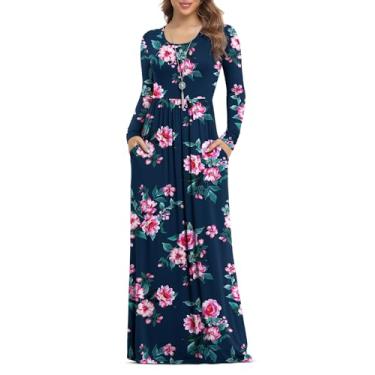 Imagem de VIISHOW Vestidos maxi femininos de manga comprida soltos e lisos, vestidos longos casuais com bolsos, 0-flor azul marinho, P