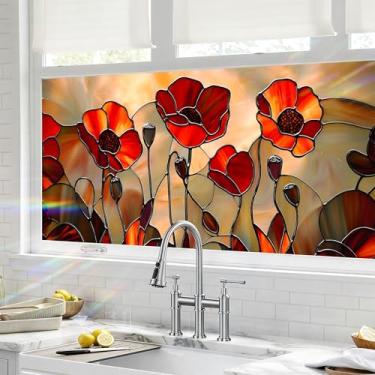 Imagem de BVBOX Película de privacidade para janela 44,5 cm x 99,8 cm, adesivo de filme de vitral floral vermelho com bloqueio solar, adesivo decorativo não adesivo para controle de calor de porta doméstica