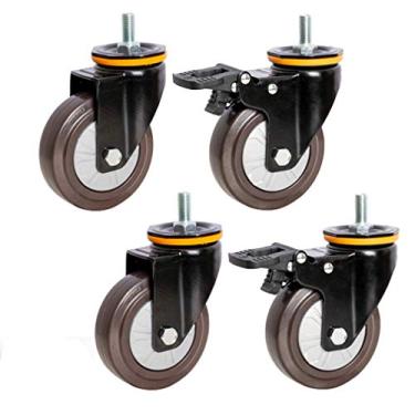 Imagem de Rodízio De Borracha Antiderrapante De Haste Roscada M12, Rodas Giratórias Com Freio, Rodízio De Móveis Pesados Para Carrinhos, Com Rodas De Rodízio Mudas, Universal+brake, 5inch/12.5cm