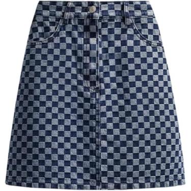 Imagem de Saia Jeans Xadrez Feminina Tamanho Grande Moda Britânica Cintura Alta Saia Jeans Casual Linha A Saia Curta, Blue, S