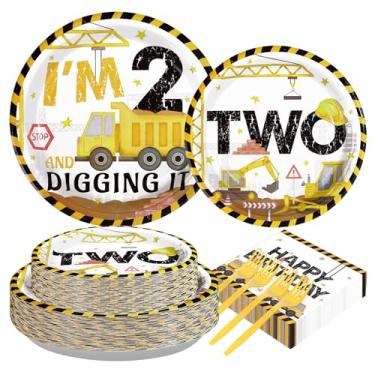 Imagem de 200 peças de construção, artigos de festa de 2 anos, conjuntos de pratos e guardanapos de caminhão, utensílios de mesa, escavadeira, decorações de aniversário, lembrancinhas para meninos, trator, lixo