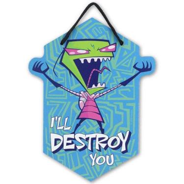 Imagem de Invader Zim I'll Destroy You Hanging Metal Wall Decor – Placa Zim Invasor engraçada para casa