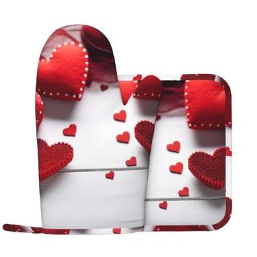 Imagem de Luvas de forno e suportes de panela feitos à mão com corações, conjunto de 2 peças, luvas de cozinha antiderrapantes de silicone para almofadas quentes, luvas de forno de cozinha resistentes ao calor