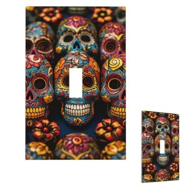 Imagem de Placas de parede coloridas com caveiras de açúcar, capas de tomada decorativas, tamanho padrão, 1 gangue 7,6 cm x 12,7 cm, placa frontal de plástico para decoração de quarto e casa