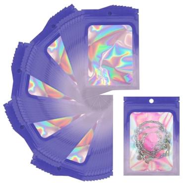 Imagem de Svaldo Sacos holográficos resseláveis, pacote com 100, sacos Mylar rosa roxo com janela para amostras de joias pulseira embalagem de brilho labial, embalagem de doces, armazenamento de alimentos, 9,5