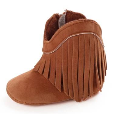 Imagem de Meckior Botas de borla para bebês meninas, cowboy, zíper lateral, mocassins, parte inferior macia, antiderrapante, sapatos infantis, A/Brown, 12-18 Months Toddler