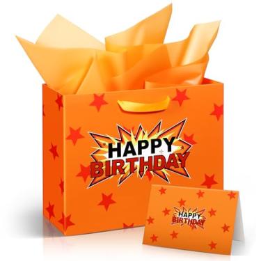 Imagem de Oudain Conjunto de sacos de presente grande estrela vermelha e laranja de 33 cm com cartão de felicitações e papéis de seda, sacos de presente de feliz aniversário para celebração de festa de
