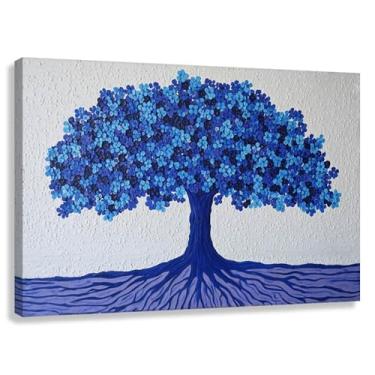 Imagem de Árvore da Vida Arte de Parede Árvore Azul Impressão em Tela com Folhas Azuis Cena da Natureza Decoração para Sala de Estar 90x60cmx1