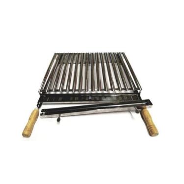 Imagem de GRELHA CHURRASCO INOX PARRILHA CABO DE MADEIRA 40CM x 40CM - Pantheon 