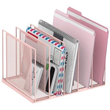 Imagem de JMHUD Organizador de arquivos para mesa, classificador de arquivos vertical de 5 seções, organizador de papel pasta de arquivos de metal para escritório, casa, sala de aula, rosa