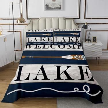 Imagem de Conjunto de colcha náutica de lago queen para crianças, meninos, meninas, branco, retrô, conjunto de colcha de madeira rústica de fazenda para amantes de acampamento, 3 peças, roupa de cama decorativa