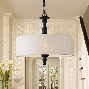 Imagem de Cawabien 4 lustres de tambor de luz, luminária pendente de tambor de linho bege com haste de metal preta ajustável corrente suspensa luzes de teto para cozinha ilha mesa de jantar entrada diâmetro