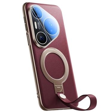 Imagem de LTLMYDAM Capa de revestimento para Huawei Pura 80 Ultra/80 Pro/80 Pro+/80, capa de telefone de couro de grão de lichia magnética de luxo anel giratório com capa de alça de dedo, vermelha, 80