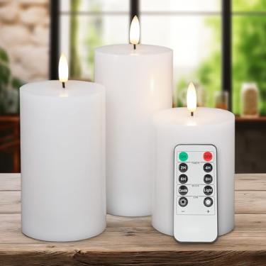 Imagem de AFINETH Velas brancas sem chama, velas de cera operadas por bateria com controle remoto, velas sem chama cintilantes de topo plano, vela de LED para casa, casamento, decoração de festa, conjunto de 3