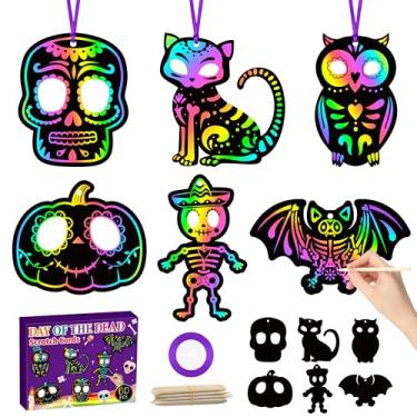 Imagem de CY2SIDE Conjunto de 60 peças de raspadinhas de esqueleto do Dia dos Mortos para crianças, kit de papel de raspar mexicano para atividades escolares de estudantes, arte mágica, artesanato em cores de