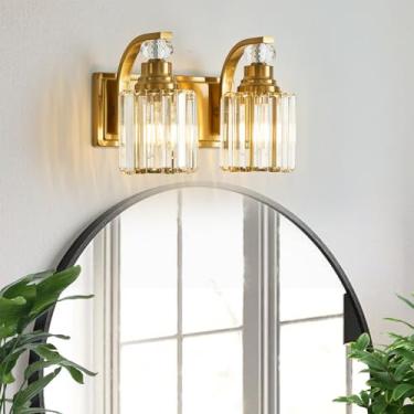 Imagem de Refice 2 luminárias de cristal para banheiro, arandelas de parede de banheiro moderno acabamento em latão escovado dourado