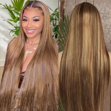 Imagem de Peruca de cabelo humano loiro mel HD de 76 cm, cabelo humano 33 x 15 cm, cabelo humano com destaque ombré, peruca de cabelo humano pré-arrancado 427 colorido
