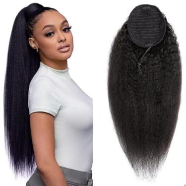 Imagem de Rabo de cavalo liso crespo de 40,6 cm cabelo humano 10A grau cordão extensão rabo de cavalo Yaki clipe reto em rabo de cavalo para mulheres negras cabelo preto natural (cabelo yaki, 40,6 cm)