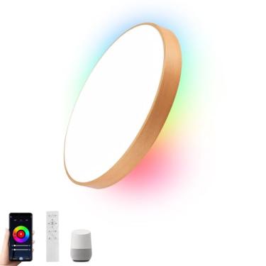 Imagem de HOREVO Luz de teto inteligente embutida com controle remoto - compatível com Alexa/Google Home, regulável com mudança de cor RGB (2700K-6000K), luz de teto de madeira minimalista moderna de 30,5 cm