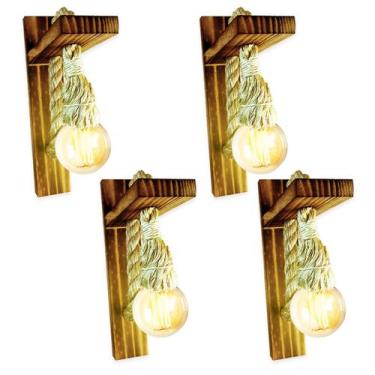 Imagem de Kit 4 Arandela Luminária Parede Madeira Retrô Rústica Sisal - JKVERAS