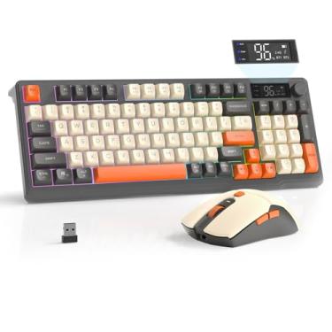 Imagem de FREEWOLF Pente de teclado e mouse para jogos sem fio com tela inteligente T96, iluminação LED de 94 teclas, teclado de membrana silencioso recarregável com botões, bateria de 2000 mAh, mouse 4KDPI de