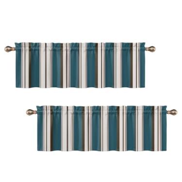 Imagem de Uiiooazy Sanefas listradas para janelas, azul-petróleo, marrom, boho, casa de fazenda, cozinha, para quarto, sala de estar, banheiro, geométrico, janela pequena, tratamentos 2 painéis 132 x 45 cm