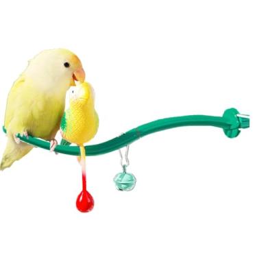 Imagem de Poleiros de pássaro com sino Canário Finch Budgie Cage Suporte universal de plástico para brinquedo adaptável a todas as gaiolas (com brinquedo de pássaro, ciano)