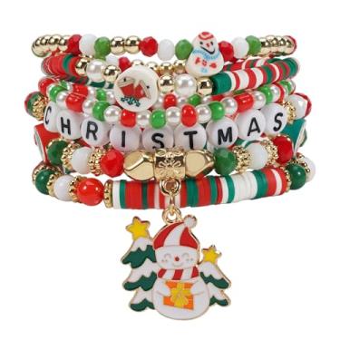 Imagem de Pulseiras de Natal para mulheres Heishi Surfer Polymer Clay Stretch Joy & Merry Candy-Style Stacks para mulheres e adolescentes - Presentes de Natal perfeitos, One Size, Miçangas, Sem Pedra Preciosa