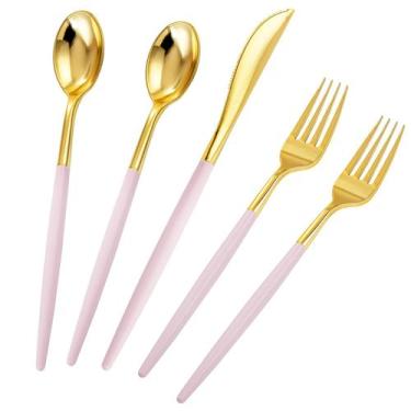 Imagem de Conjunto de talheres de plástico Rubtlamp 90 unidades douradas com alç