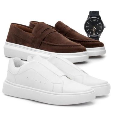 Imagem de 2 Pares Sapato Mocassim e Sapatenis Masculino Social Camurça Couro Cal