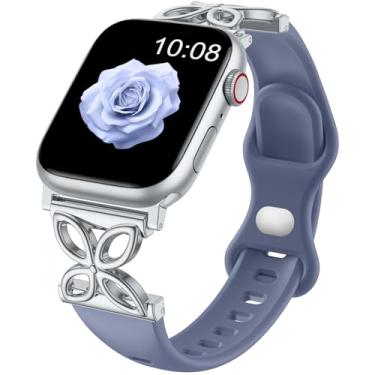 Imagem de IMIVIO Pulseira feminina de silicone fina compatível com relógio Apple 44 mm, 40 mm, 38 mm, 41 mm, 42 mm, 45 mm, 46 mm e 49 mm, elegante para Apple Watch séries 10, 9, 8, 7, 6 5 e SE Ultra (cinza azul