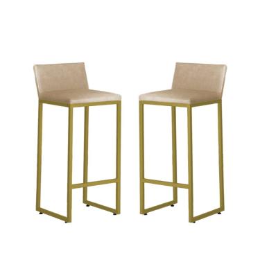 Imagem de Kit 2 Banquetas Alta Dani Reforçada Decorativa Balcão Bancada Cozinha Bar Base Dourada Courino